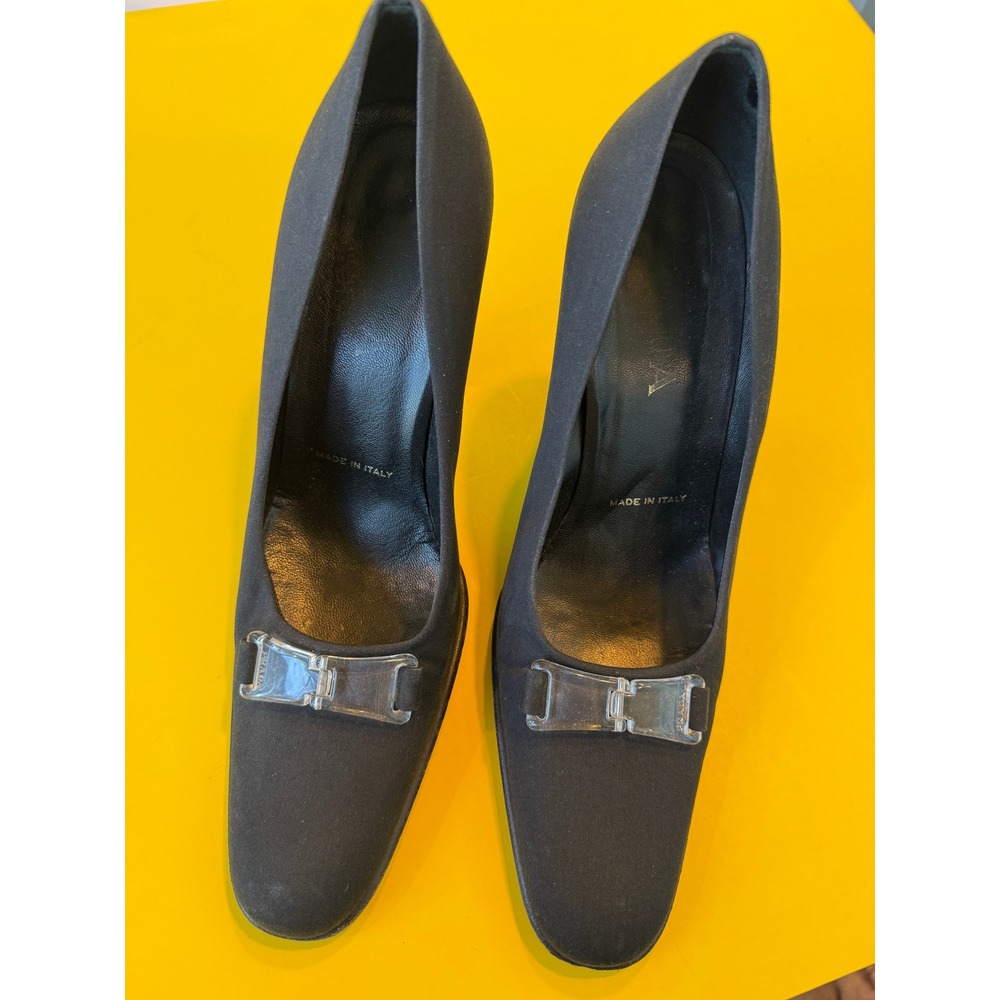Prada Black Fabric Block Heel Pumps Clear Acrylic Logo Bow Made in Italy 39/8.5